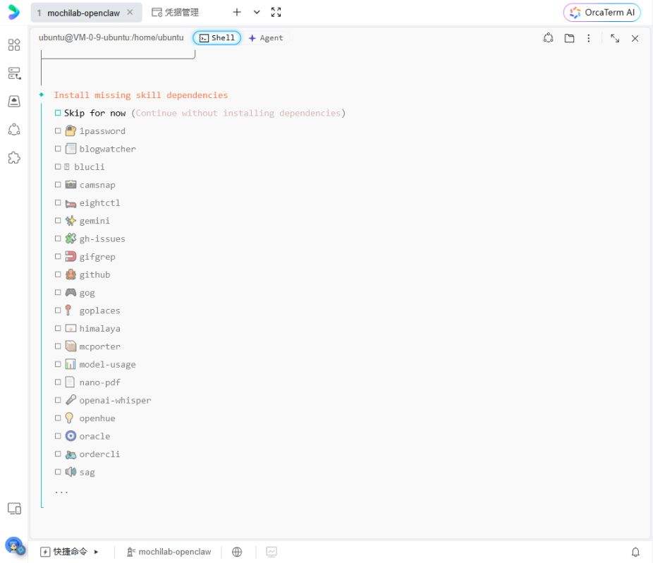 可选依赖界面,先用空格勾选 Skip for now